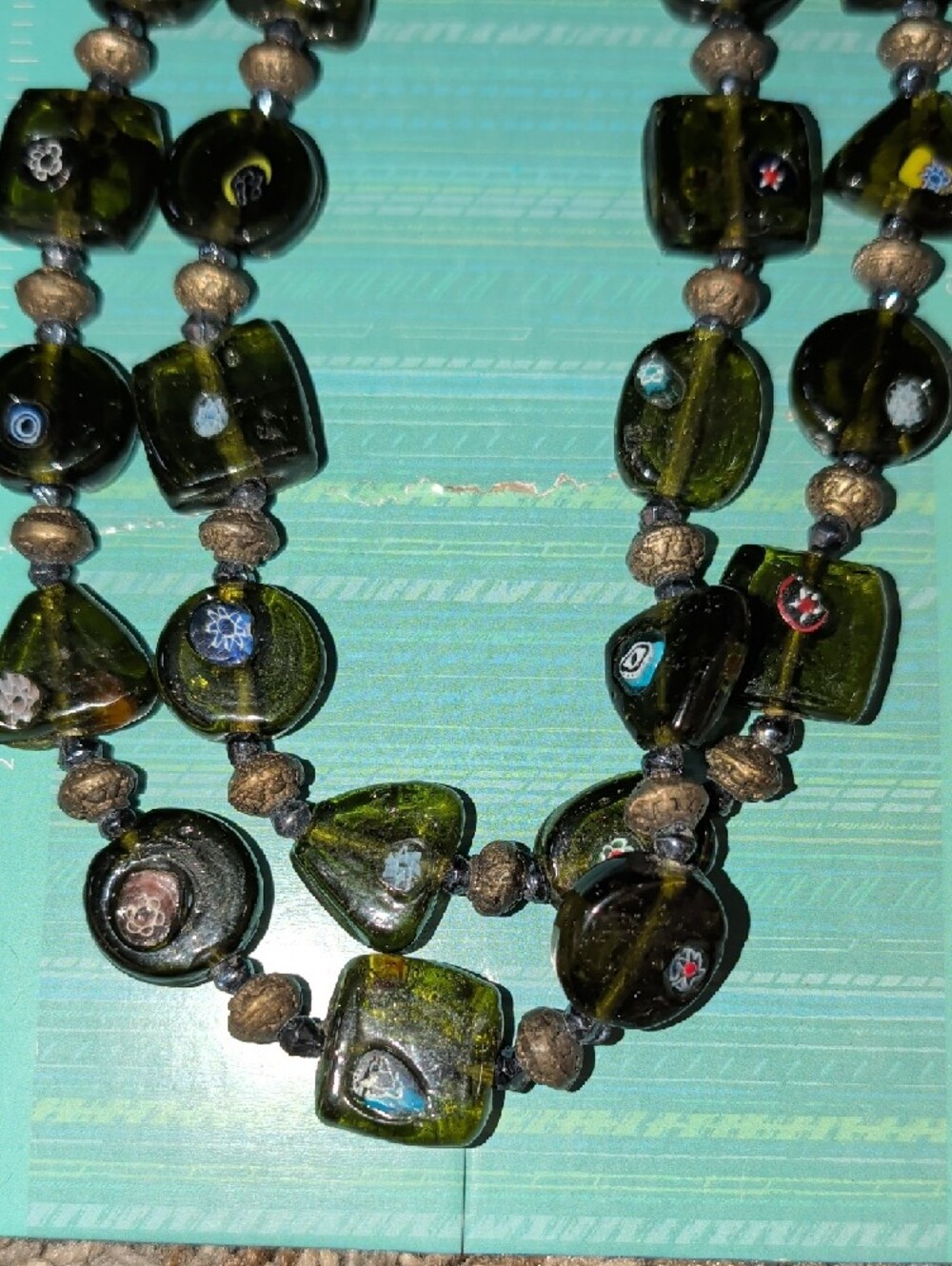 1950's Dual Strand Murano Venetian Olive Green Glass Millefiori Bead Necklace - Picture 13 of 16